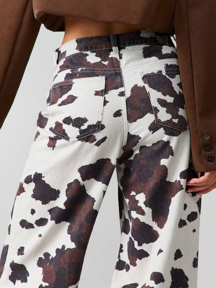 MISSGUIDED Women High Rise Loose Fit Wide Leg Cow Print Jeans Casual Full Length Palazzo Denim Pants Fall Winter AOP Pattern
