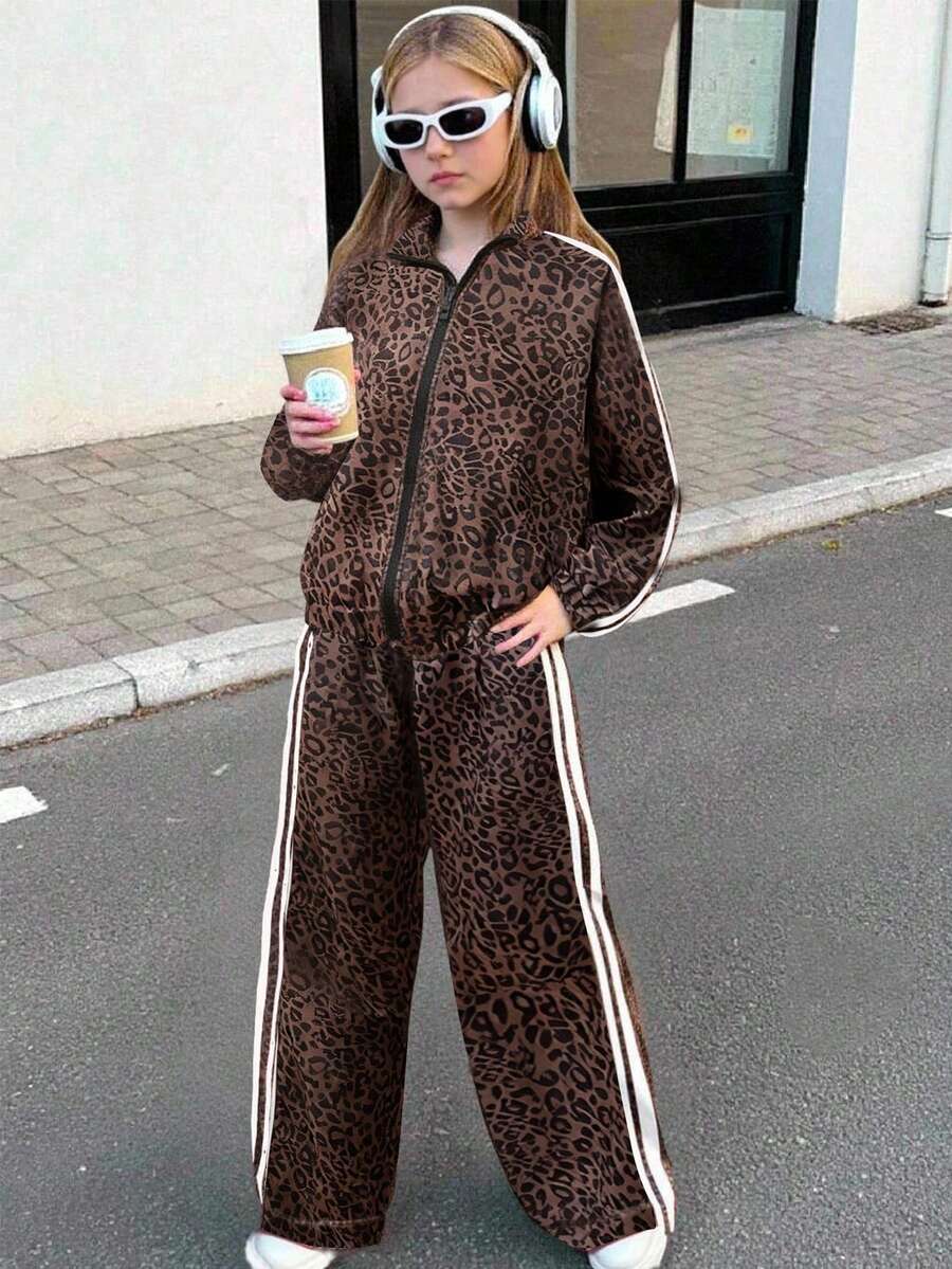 Sparklyn Fashionable Leopard Print Casual Jacket & Pants Set For Tween GirlsSpring/Autumn - Multicolor - View 1