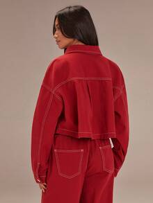 Athîral Denim Women's Red Denim Jacket, Denim Jacket, Red Jacket,Casual Jacket,Loose-Fitting Jacket,Christmas For Women,Winter For Women,Valentine's Day,Valentines For Women,Birthdays For Women,Going Out Tops For Women,Spring Women,Casual Jacket For Women,Red Jacket - Red - View 2