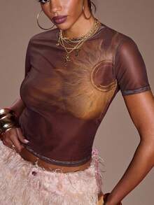 Normani 图形太阳印花网眼修身 T 恤度假伊比沙岛优雅伊比沙岛可爱海滩节狂欢波西米亚风假日，秋季返校外出上衣俱乐部万圣节派对 - 咖啡棕 - 查看 1