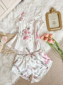 SHEIN 2pcs/Set Women's Sexy Deep V-Neck Plus Size Camisole Pajama Set, Elegant Satin Floral Print Loungewear, Suitable For All Seasons, Can Be Worn Outerwear Floral Robe Bridal Pj Set Labor And Delivery Gown Floral Pj Set Vintage Pajama Set