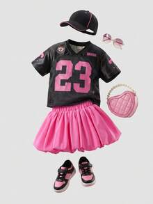 SHEIN Playful Pals 2pcs Baby Girl Cute Summer Black Pink Football Jersey Number 23 Print T-Shirt & Puffy Bubble Tutu Skirt Set,Vacation Cheerleader Sporty Outfit Clothes - Multicolor - View 7