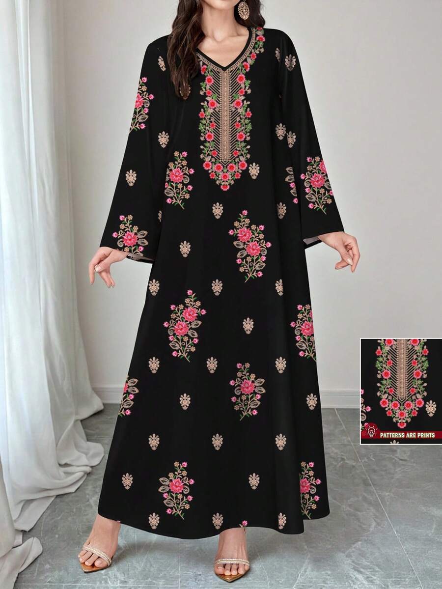 Al Najma Vestido de mujer de manga larga con cuello en V negro, bajo acampanado, elegante y cómodo con estampado floral, estampado floral delicado, vestido conservador, material de poliéster, adecuado para el hogar, salidas, vacaciones, fiestas. Vestido, vestido fluido, vestido vintage, vestido de manga larga para mujer. Vestido con estampado botánico - Negro - Ver 1