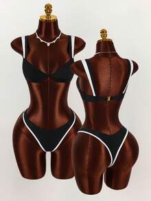 Amplova Women's Black & White Contrast Color Swimsuit 2 Pieces Set, W-Shaped Underwire Top And V-Shape Bottom, Sexy And Sophisticated