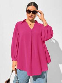 SHEIN Essnce 大码女装秋冬休闲宽松舒适V领粉色长袖衬衫，春季女装，女式衬衫，曲线上衣，粉色系服装，简约风格 - 玫紅色 - 查看 6