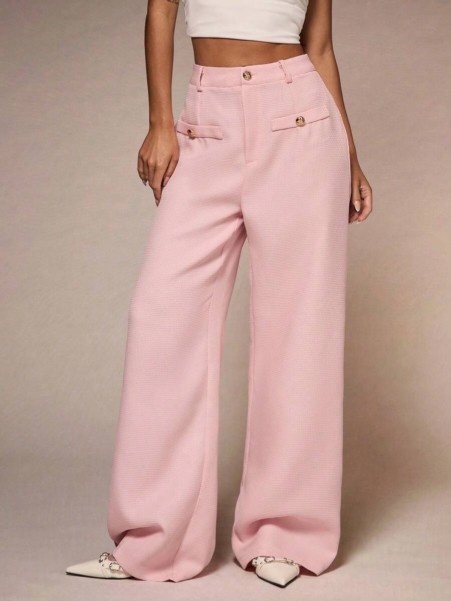 SHEIN Glamour 少女风粉色纹理面料长裤,适合日常穿着、工作和家庭聚会,秋冬季款。 - 粉色 - 查看 1