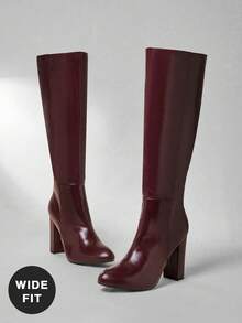 SHUZIA 女士宽筒舒适粗跟过膝长靴，侧拉链设计 - 酒紅色 - 查看 6