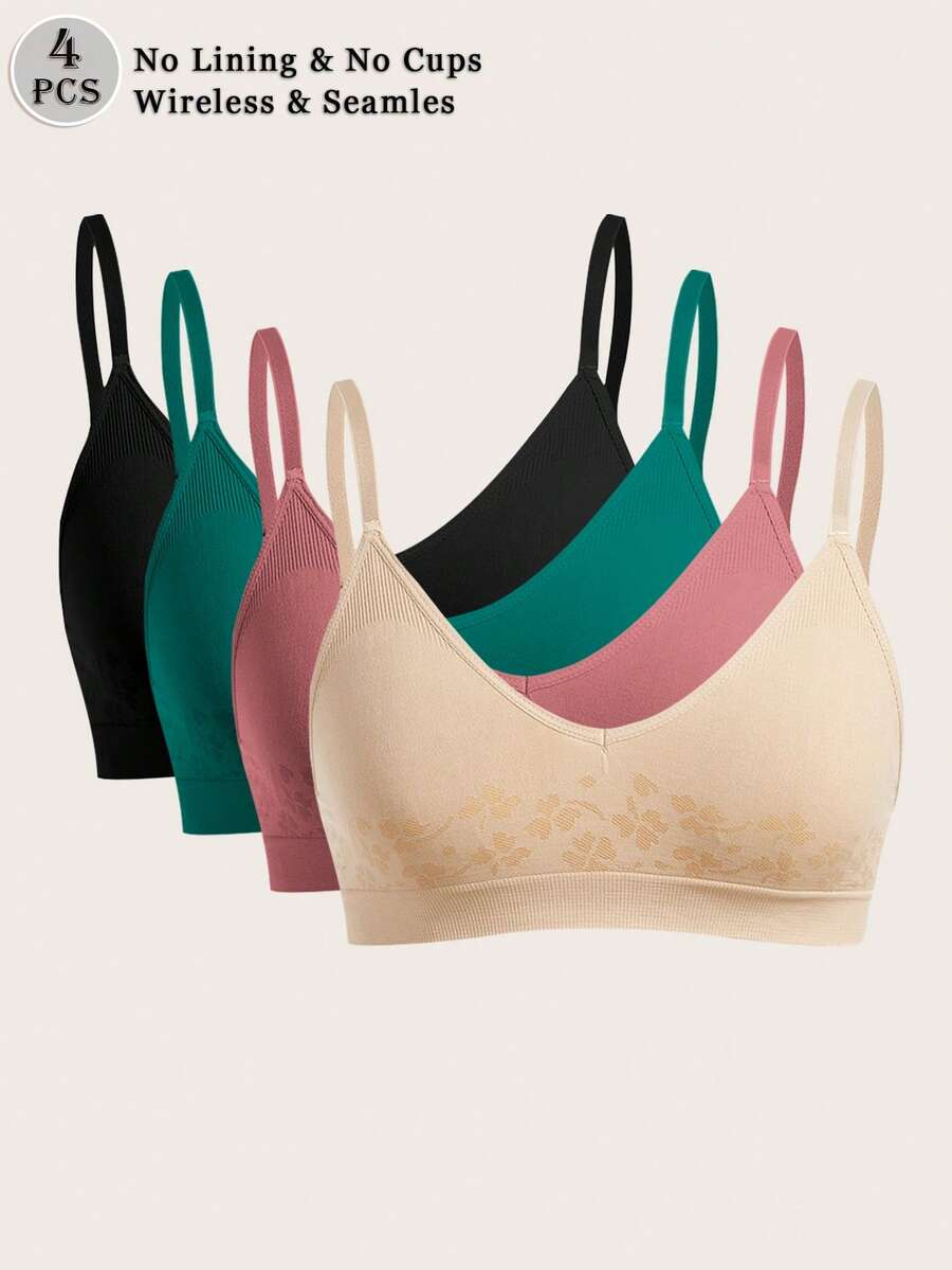 4件套无缝印花女士短款文胸，可调节肩带 - 彩色 - 查看 1