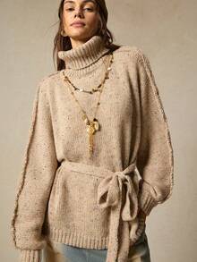 SoleilVie Women's Turtleneck Long Sleeve Knit Sweater, Autumn/Winter - Apricot - View 1