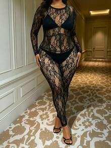 Slaydiva 2025 Höst/Vinter Ny Elegant & Dejt & Fest & Födelsedag Sammankomst & Sexig & Fest Smal Enfärgad Svart Rund Hals Långärmad Midja Åtsittande Smala Ben Jumpsuit - Plus Size - Svart - Visa 3