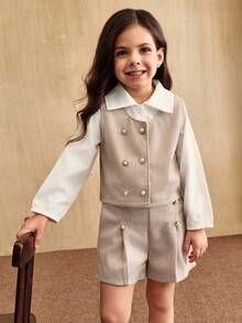 SHEIN Elladie kids 3 pièces Ensemble pour jeunes filles avec chemise à manches longues col, veste gilet avec boutons de perle délicats, shorts. Style moderne pour enfants. Tenue pour le printemps/automne et l'hiver - Kaki - Voir 1