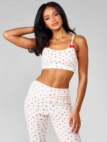MISSGUIDED Heart Print Pointelle Bralette Style Crop Top With Adjustable Straps And Scoop Neckline Perfect For Lounge And Sleep - Pink - View 1