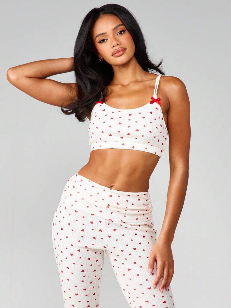 MISSGUIDED Heart Print Pointelle Bralette Style Crop Top With Adjustable Straps And Scoop Neckline Perfect For Lounge And Sleep