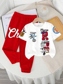 SHEIN 2 pezzi/set Ragazzo giovane, top a maniche corte e pantaloni casual minimalisti con collo rotondo, stile classico e fresco da strada con stampa grafica, stampa del logo Champion, adatto per primavera/estate - Multicolore - Visualizzare 3