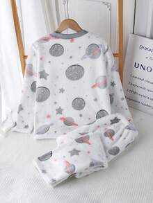 Tween Boys Pajamas-Pajama Set Crew Neck Long Sleeve Top Long Pants Space Planet Print Light Gray White Pastel Pink Purple All Season 2026 New Year Essential Boys Lounge Set Boys Pajama Sets Boy Pajamas Set - Multicolor - View 2