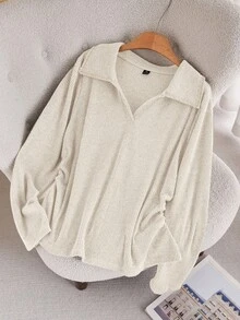 CosyJoli Áo thun dệt kim cổ polo phối ren chắp vá cỡ lớn, đường may bên hông nhún bèo, họa tiết gân - Màu be - Xem 1