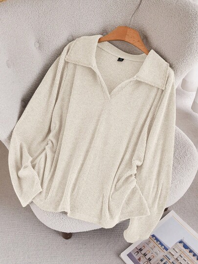 CosyJoli חולצת טי-שירט סריג עם צווארון תחרה וטלאים, תפר צד, מרקם צלעות, מידות גדולות