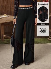 LanaWest Women's Western Party Black Knit Contrast Lace Wide Leg Pants, Suitable For Daily Wear - Black - View 9