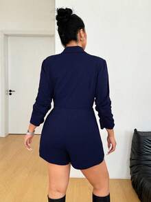 SHEIN EZwear Plus Size Women's Navy Blue Shawl Neck Jumpsuit,Elegant Solid Blazer Dress For Autumn Dinner,Versatile For Work,Commute,Wedding,Party,Christmas,Chic - Navy Blue - View 2