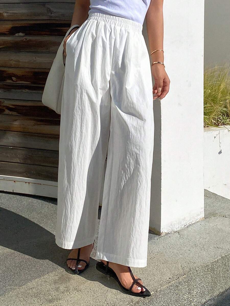 DAZY Women's Loose Fit Ankle Length Pants, Elastic Waist, Casual & Formal, Spring/Autumn - White - View 1