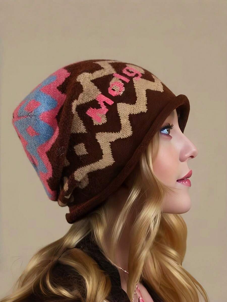 Joivida 1PC American Retro Letter Knit Beanie Hat For Women Unisex Winter Warm Ear Protection Face Framing Pullover Hat Autumn Fall Cold Weather Fashion Accessory - Multicolor - View 1