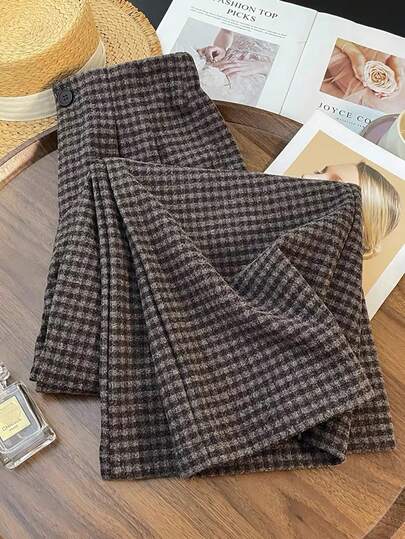 SHEIN Franclia [Autumn & Winter New Collection]Vintage Elastic-Waisted Straight-Leg Pants For Women, Slim-Fit With Elegant Draping, Timeless British-Style Checked Pants, Versatile For Casual & Office Wear Plaid Two Piece Set Checkered Pants Tweed Two Piece Set Checkered Skirt Plaid Skirt Women Plaid Pants Tweed Pants Checkered Clothing Plaid Clothing