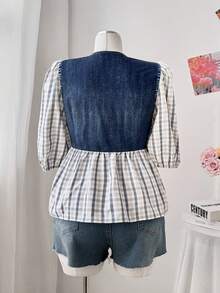 Sweetra Áo sơ mi kẻ caro Colorblock dễ thương, thường ngày, buộc dây phía trước cỡ lớn - Màu xanh lam - Xem 2