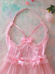 FloralLove Đầm ngủ gợi cảm cỡ lớn, chất liệu satin ren hoa, viền bèo nhún, dây mảnh, hở lưng, thắt nơ, thích hợp cho các bữa tiệc lãng mạn, kỳ nghỉ. - Hồng - Xem 4