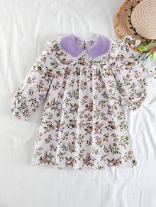 SHEIN Young Girl' Floral Elegant Cute Peter Pan Collar Long Sleeve Dress - Multicolor - View 8