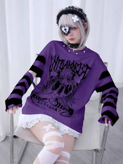 Anime Süßes gestreiftes Patchwork Damen Cartoon Charakter Buchstaben Muster Lässig T-Shirt