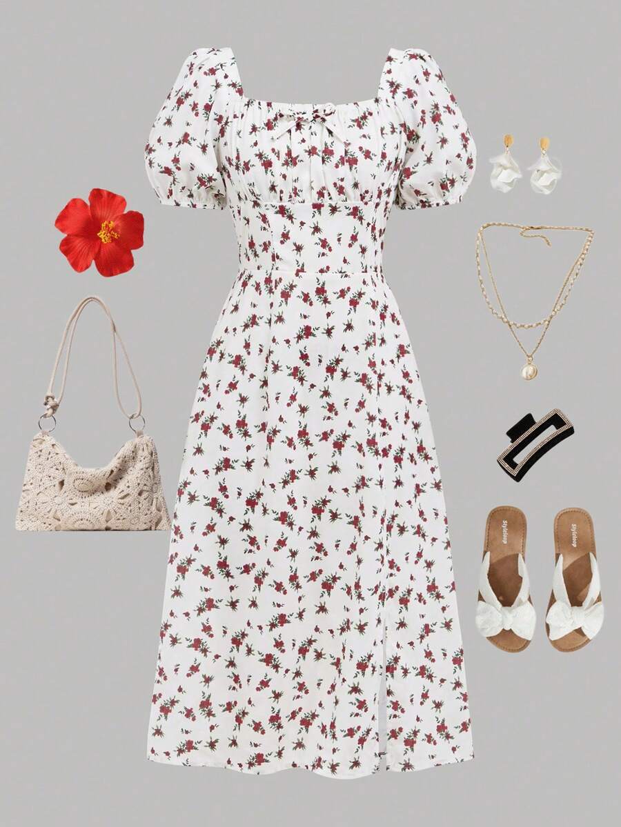 SHEIN Girlism Teen Girls' Floral Print Lantern Sleeve Square Neck Casual Split Hem Dress - Red - View 1