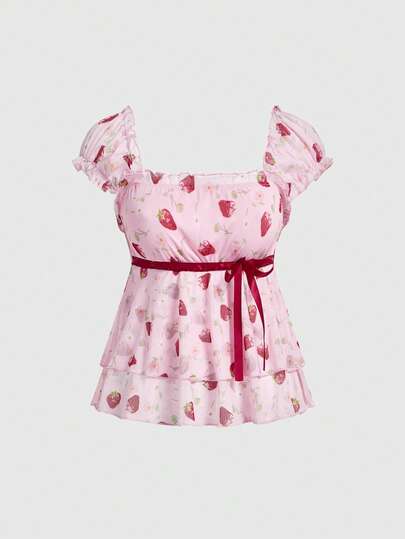 Kawaii T-shirt femme à col carré mignon avec imprimé fraise, manches bouffantes et nœud papillon