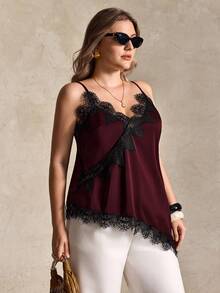 Elegantrix Plus Size Women Urban Casual Lace Asymmetric Hem V-Neck Patchwork Solid Color Cropped Camisole - Burgundy - View 4