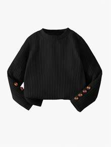 Elladie kids 2pcs/Set Young Girls Pink Textured Long Sleeve T-Shirt And Textured Button Skirt - Black - View 7