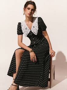 Poéselle Women's Polka Dot Single-Breasted Slit Design Waist Cinching Party & Holiday Short Sleeve Dress,Valentine's Day,Valentine's Day Outfit,Floral Lace Dress,Elegant Dresses For Women,Holiday Outfits For Women,Birthday Dresses For Women ,Wedding Guest Dress For Women,Spring/Summer - Black and White - View 2