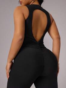 SHEIN Sports Women's Black Summer Athletic Gym Jumpsuit,Zipper Backless Hollow Out Ribbed Flare Pants,Slim Fit Sleeveless Yoga Running Plus Size Tummy Control - Black - View 6