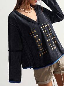 Bohemela Y2K铆钉撞色V领长袖宽松休闲针织T恤，女款，适合冬季、新年、情人节、音乐节等场合穿着。 - 黑色 - 查看 6