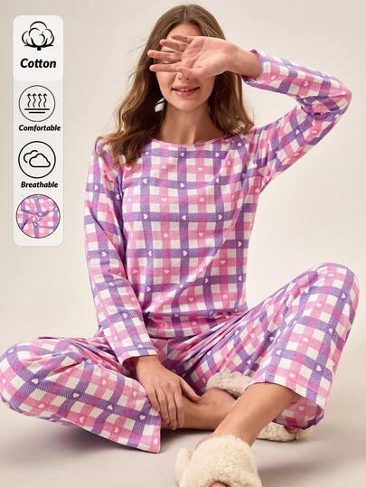 Loomlin Women Cotton 2 Pcs Plaid&Heart Pattern Homewear Cute Pajama Set