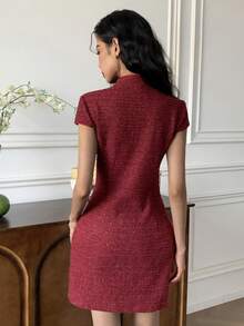 EastFlair 女士优雅粗花呢纽扣旗袍领开衩迷你连衣裙，夏季