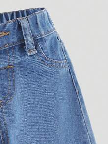 SHEIN 女婴新款休闲时尚直筒水洗牛仔裤 - 中等水洗藍 - 查看 6