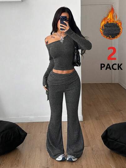 Coolane Women's Winter Streetwear Casual Chic Rib Knit Comfortable Stretchy Warm/ Cold Weather/ Thermal Going Out Asymmetrical Neck  Grey Long Sleeve  T-Shirt And Flare Pants Homewear Set Lounge Sets Two Piece Outfits