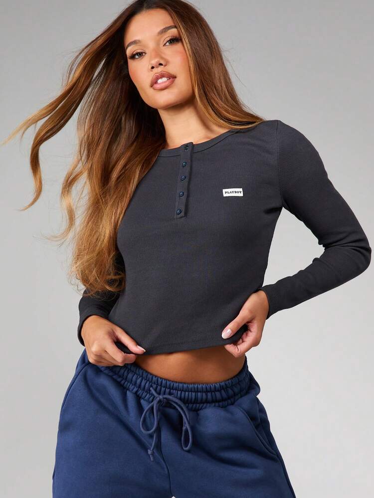 Missguided x Playboy Ribbed Fitted Long Sleeve Henley Top With Button Front Detail For Casual Everyday Wear