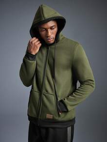 Driftmere 男式撞色拉链连帽运动衫，秋冬款 - 軍綠色 - 查看 7