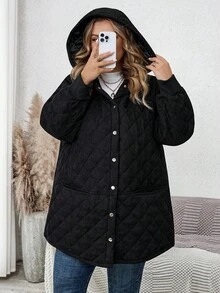 SHEIN CURVE+ 加大码灯芯绒绗缝连帽长袖口袋长款厚外套 - 黑色 - 查看 6