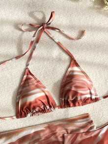 Swim Vcay 3pcs Set: Brown Tie-Dye Side Knot High Cut Thong, Drawstring Side Mesh Skirt, Women Beach Vacation Bikini Swimsuit Three Piece Swimsuit Set Bikini Set Vacation Seashell Bikini - Multicolor - View 5