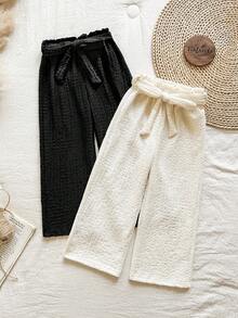 SHEIN Vintaside Kids 2条装少女休闲日常通勤简约纯色纹理面料纸袋腰带宽松阔腿裤 - 白色 - 查看 4
