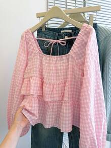 SHEIN Áo cánh rộng tay phồng kẻ caro cổ vuông tay đèn lồng cho nữ cỡ lớn - Màu Hồng baby - Xem 3