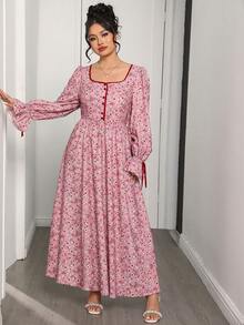 Modelyn 大码女式碎花荷叶边袖口休闲收腰派对长袖连衣裙 - 彩色 - 查看 5