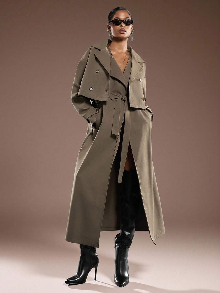 Normani Bộ đồ thường ngày thu/đông cho nữ, áo khoác ngắn tay dài cổ ve màu trơn và áo khoác dài không tay - màu nâu - Xem 1