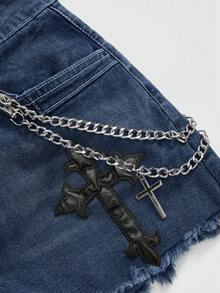 ROMWE Grunge Punk Quần short denim thời trang đa năng có túi cài nút thêu chữ thập cho nữ cỡ lớn - Rửa tối - Xem 3